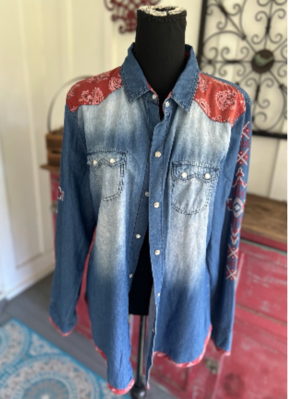 Tasha Polizzi Western  Denim Red Bandana Embroidered Shirt  Large